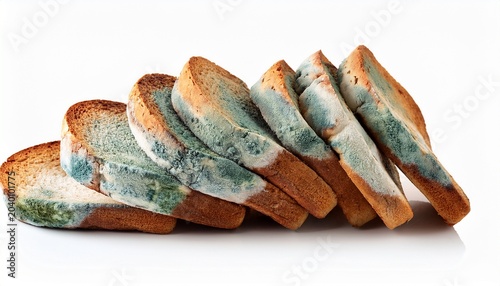 stack of moldy bread slices isolated on white background