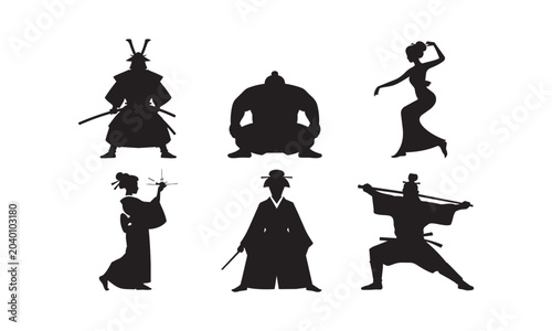 Foto Detailed silhouettes of Japanese samurai warriors and traditional geisha perform