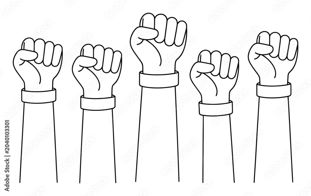 Fototapeta premium Five raised fists in solidarity and protest, black and white