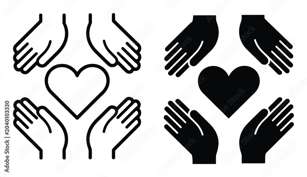 Fototapeta premium Hands cupping heart symbol, outline and silhouette