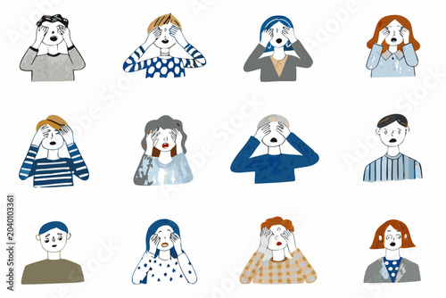 Canvas Print Anxious faces covering eyes hand drawn vector illustration collection