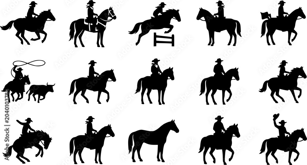 Fototapeta premium Cowboy icon set, flat black glyph style, pure white background 