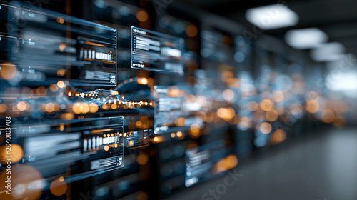A realistic commercial stock image of corporate cybersecurity threat detection dashboard concept, blank transparent interface panels over a data center background, glowing network