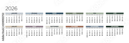 Foto French 2026 Horizontal 6x2 Grid Corporate Yearly Planner Template Elegant Annual Grid Layout (Compatible with 2037 and 2043)