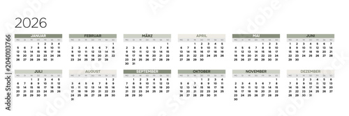 Bild auf Leinwand German 2026 Horizontal 6x2 Grid Modern Annual Calendar Poster Corporate Yearly Planner Layout (Compatible with 2037 and 2043)