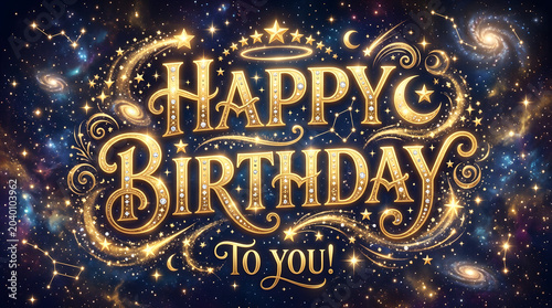 Goldhappybirthdaygreetingcardwithstarsandgalaxiesinspace transparent background