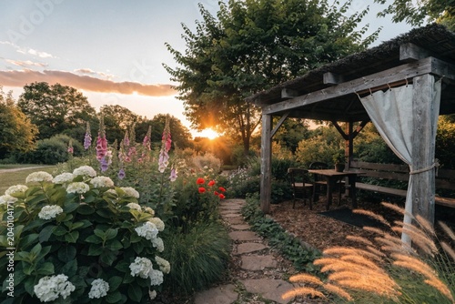 Summer garden retreat with blooming flowers and sunset glow near cozy outdoor shelter