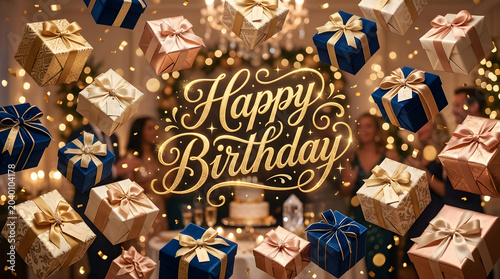 Colorful gift boxes and Happy Birthday text on blurry background with bokeh lights transparent background