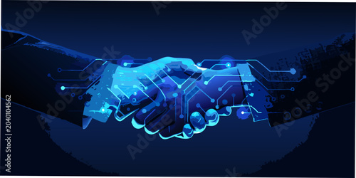 Bild auf Leinwand A digital handshake illustration with glowing blue circuitry and a dark abstract
