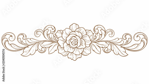 Tableau sur toile Floral ornament with rose and swirling leaves a detailed line drawing on a white