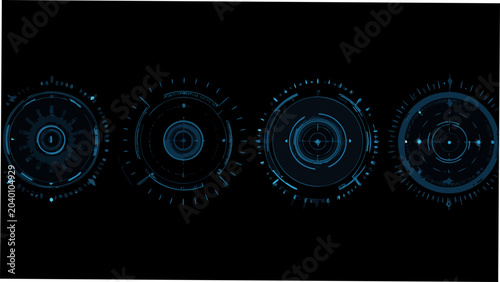 Photos Four circular interface elements with glowing blue details are arranged against