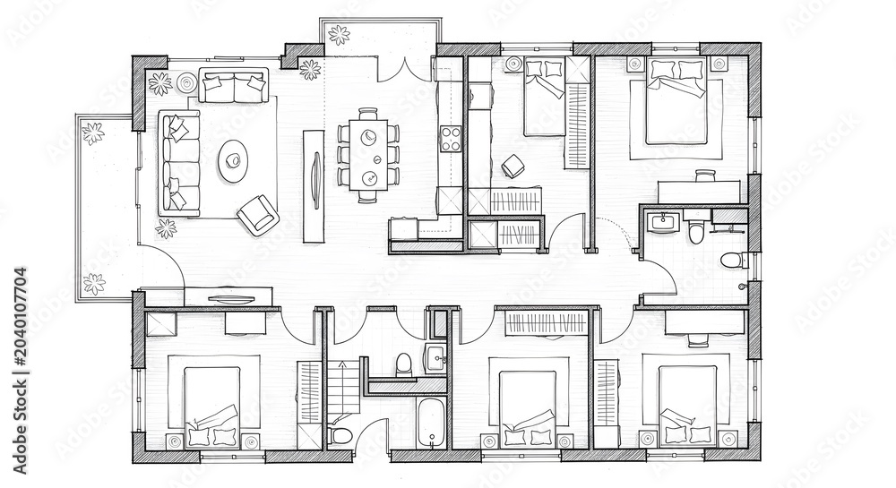 Fototapeta premium Black and white hand-drawn floor plan illustration of a large residential property with detailed room arrangements and furniture.