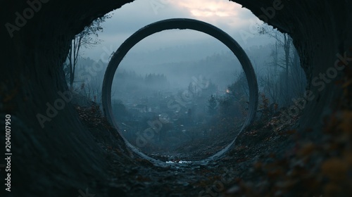 Rural Village View through Broken Pipe on Cloudy Day