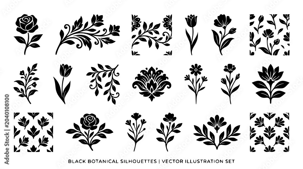 Fototapeta premium Black flower vector bundle with floral silhouettes decorative botanical patterns
