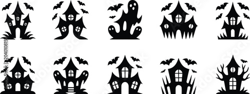 Cuadro en lienzo Collection of spooky haunted house silhouettes with flying bats and ghosts for H