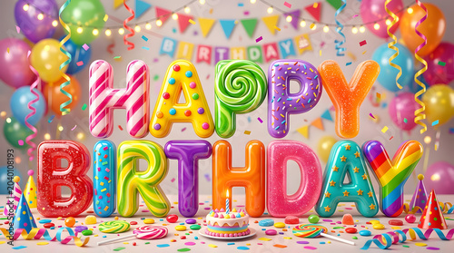Colorful Happy Birthday celebration with balloons and party decorations transparent background