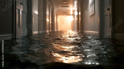 Water Covers Hallway Floor in Building Post Flooding - Professional Interior Photography