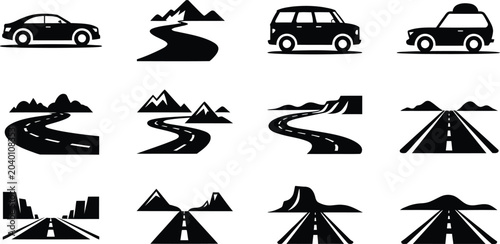 Foto Collection of stylized road and car icons representing different travel and jour