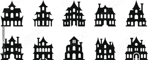 Collection of stylized silhouette haunted houses and spooky gothic buildings isolated on a white background