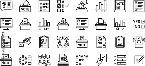 Foto Black line vector icon mega set of election polling featuring democratic public