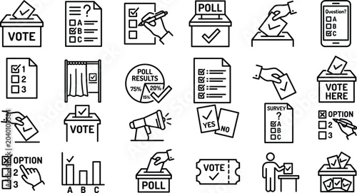 Quadro su tela Black line vector icon set of election polling featuring ballot box casting hand