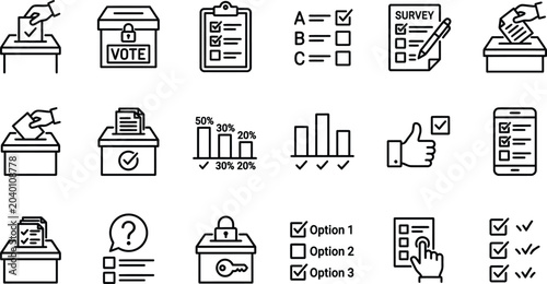 Quadro su tela Black line vector icon set of election polling featuring ballot box casting hand