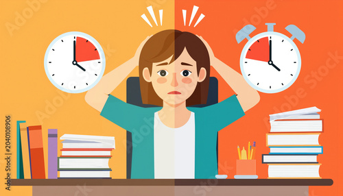 Young woman showing stress while sitting at desk with books and clocks  