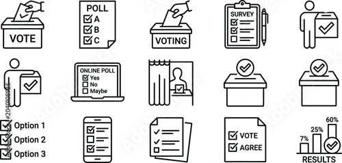 Cuadro en lienzo Black line vector icon set of election polling featuring democratic voting ballo