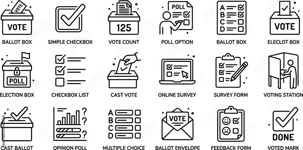 Naklejka premium Black line vector icon set of voting and elections featuring ballot boxes online survey forms opinion polls and democratic choice symbols