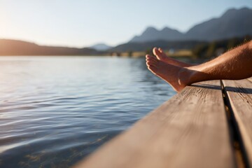 Bare feet of a man relaxing on a wooden dock by a lake at sunset. Summer vacation and travel concept with mountain view