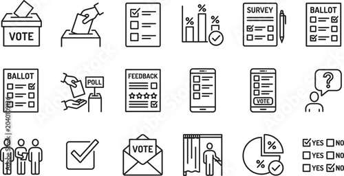 Black line vector icon set of public voting featuring election ballot sheets online mobile poll survey and democratic choice symbols
