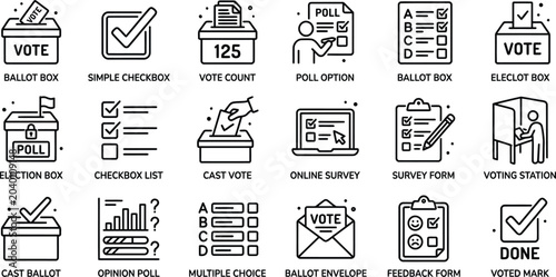 Foto Black line vector icon set of voting and elections featuring ballot boxes online
