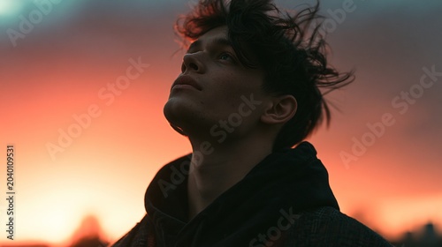 Young Man Admiring Sunset Outdoors