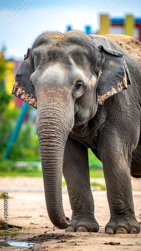Close-up portrait of an African elephant in natural habitat.