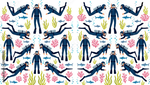 Konstfotografi Scuba Diver Pattern and Icon Set with Deep Sea Underwater Divers, Sharks, Coral