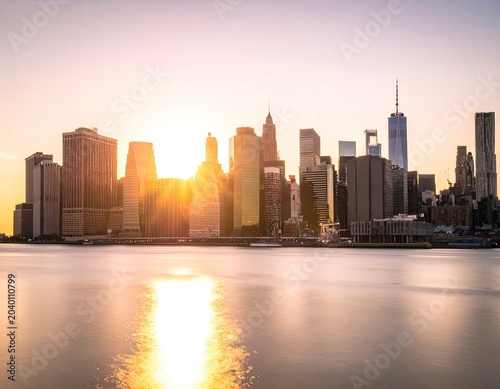 New York City skyline bathed in golden sunset light.