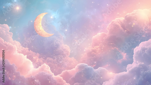 Dreamy Crescent Moon in Pastel Sky with Fluffy Clouds and Stars