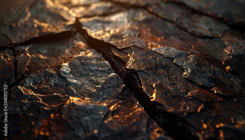 A close-up view of cracked earth with molten gold flowing through the fissures, illuminated by a warm light.
