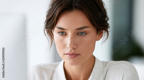 Focused businesswoman working seriously on office computer in modern workspace