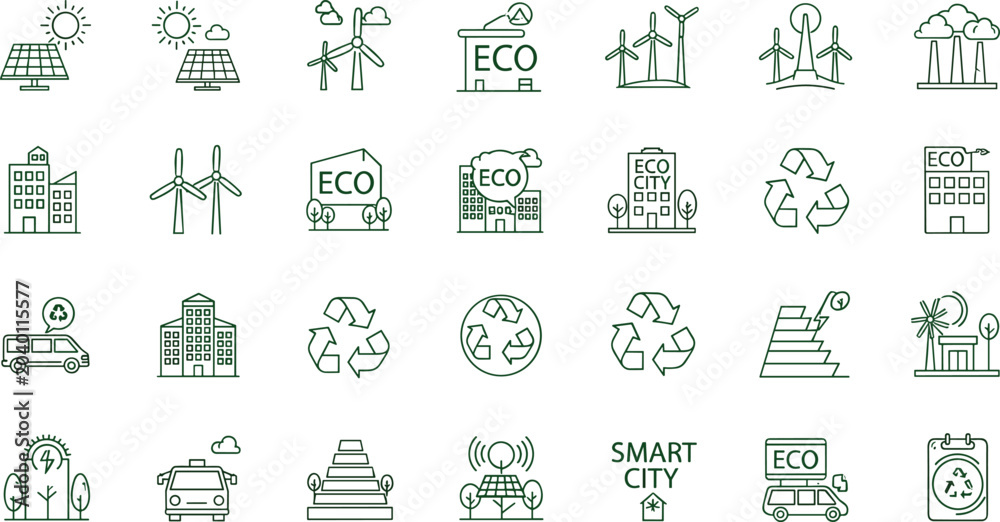 Fototapeta premium Green eco city outline icons mega set with renewable energy solar panels wind turbines recycling and smart city symbols
