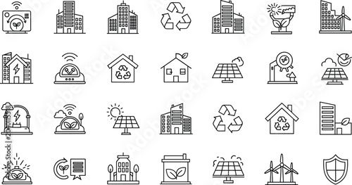 Tableau sur toile Green eco city outline icons mega set with renewable energy solar panels wind tu