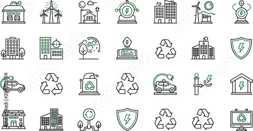 Cuadro en lienzo Green eco city outline icons mega set with renewable energy solar panels wind tu