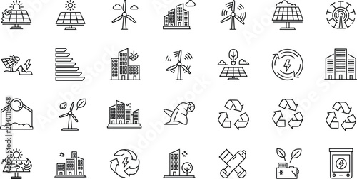 Canvastavla Green eco city outline icons mega set with renewable energy solar panels wind tu