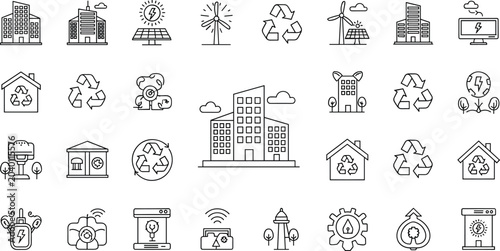Obraz na płótnie Green eco city outline icons mega set with renewable energy solar panels wind tu