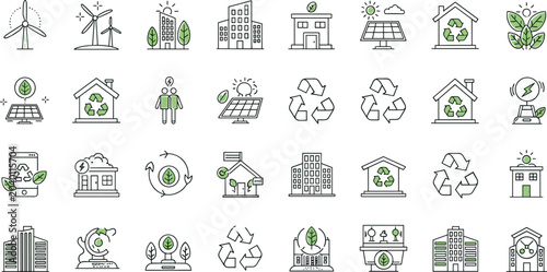 Obraz na płótnie Green eco city outline icons mega set with renewable energy solar panels wind tu