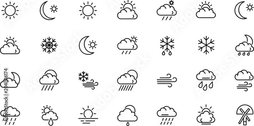 Tableau sur toile Weather forecast icons mega set with minimal line symbols for sunny cloudy rainy