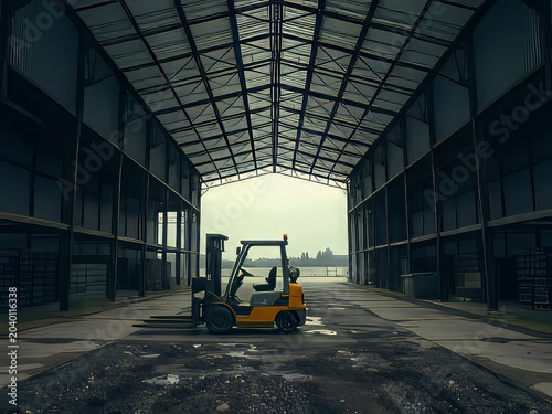 Abandoned warehouse with a forklift inside.