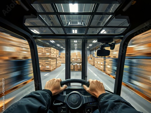 Driver operating forklift in warehouse.