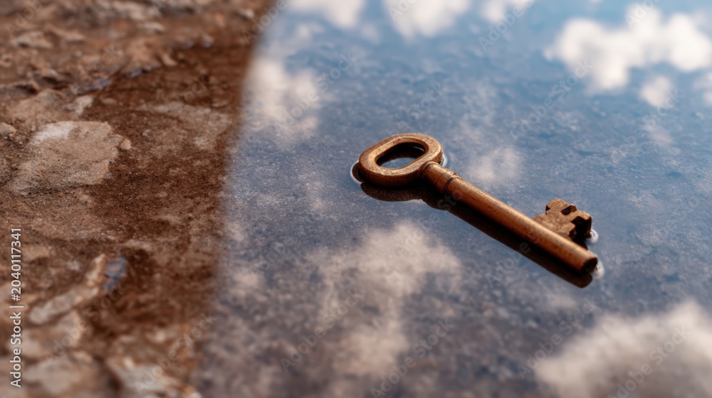 Fototapeta premium An old rusty key lies partly submerged in a shallow puddle reflecting the blue sky and clouds.