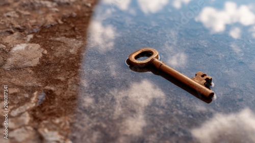 An old rusty key lies partly submerged in a shallow puddle reflecting the blue sky and clouds.